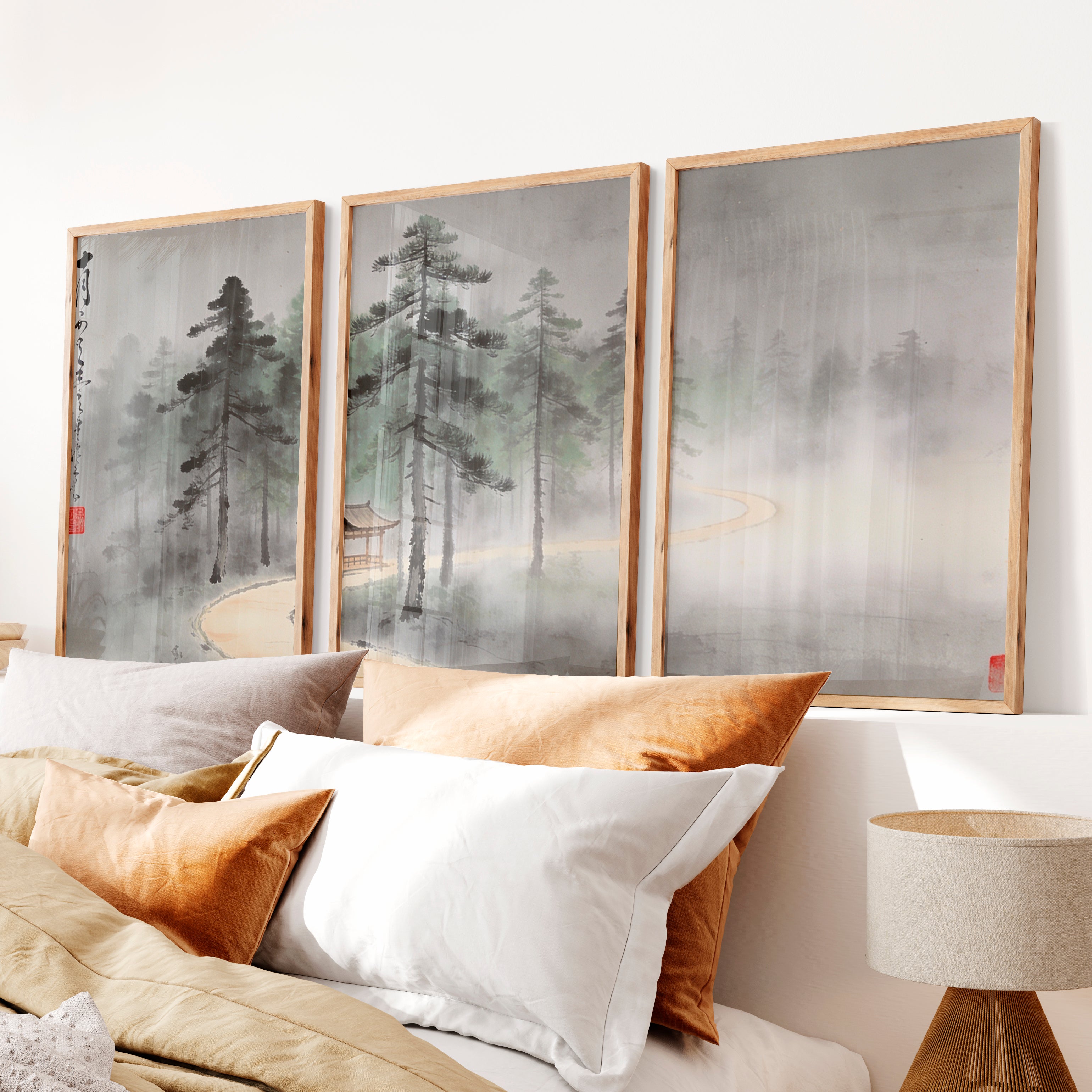 Misty Pine Pavilion for japandi decoration - Natural Wood Framed Poster No Border - Artworksets