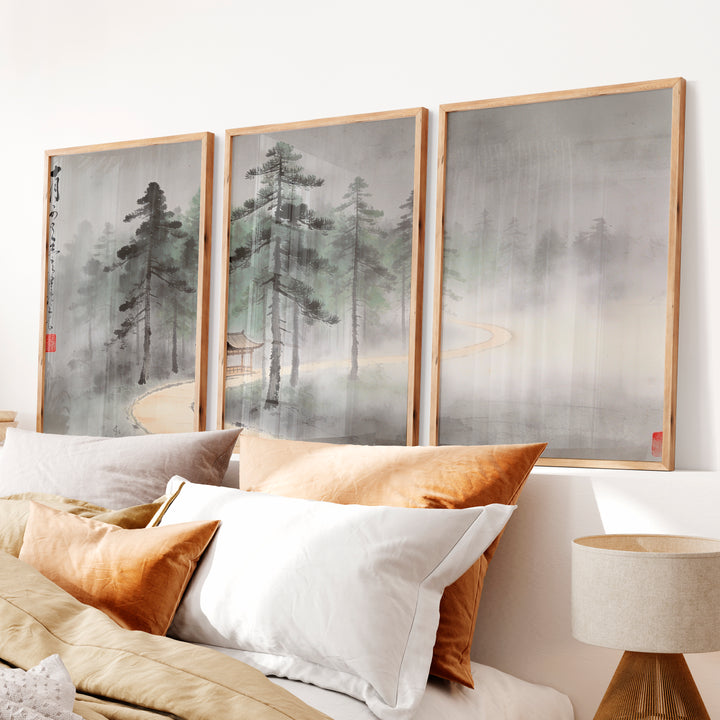 Misty Pine Pavilion for japandi decoration - Natural Wood Framed Poster No Border - Artworksets