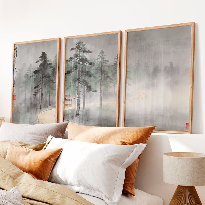 Misty Pine Pavilion for japandi decoration - Natural Wood Framed Poster No Border - Artworksets