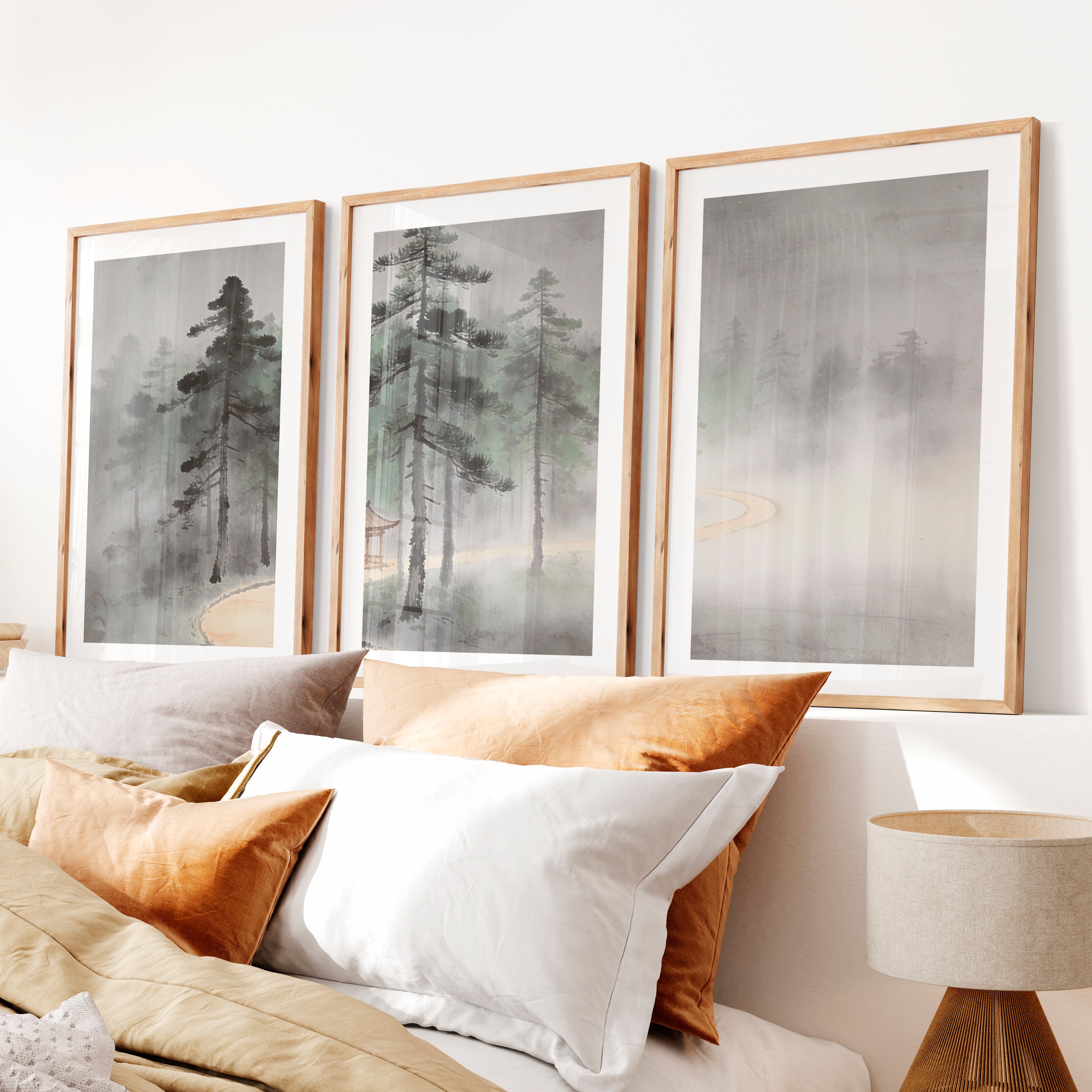 Misty Pine Pavilion for japandi decoration- Natural Wood Framed Poster with White Border - Artworksets