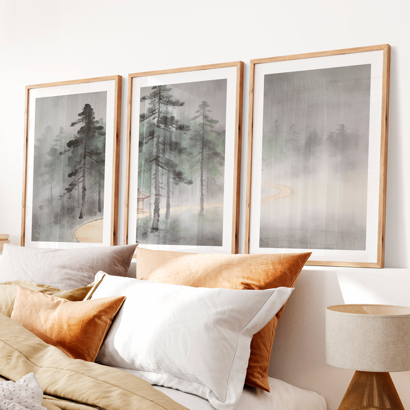 Misty Pine Pavilion for japandi decoration- Natural Wood Framed Poster with White Border - Artworksets