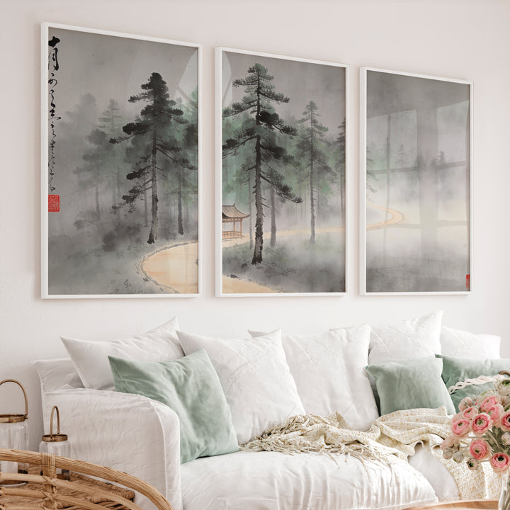 Misty Pine Pavilion for japandi decoration - White Framed Poster No Border - Artworksets