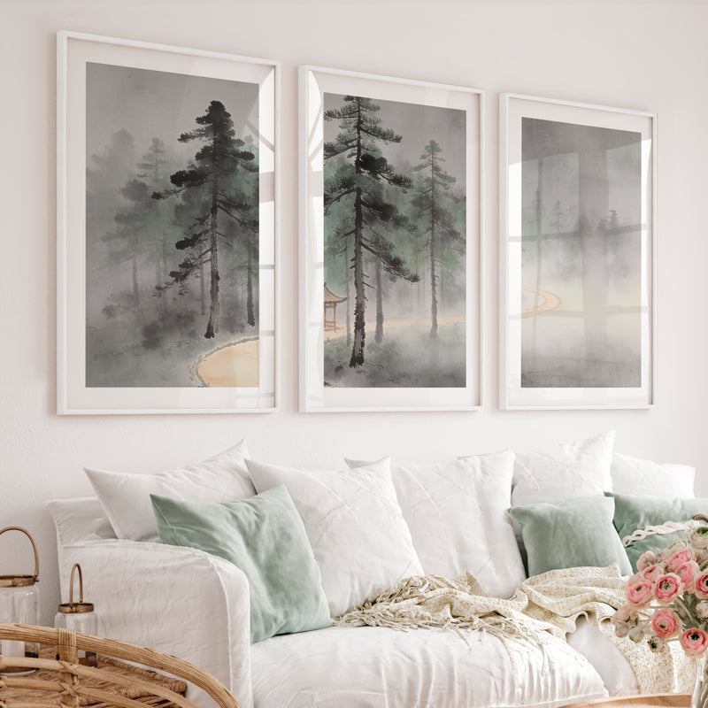 Misty Pine Pavilion for japandi decoration - White Framed Poster with White Border - Artworksets