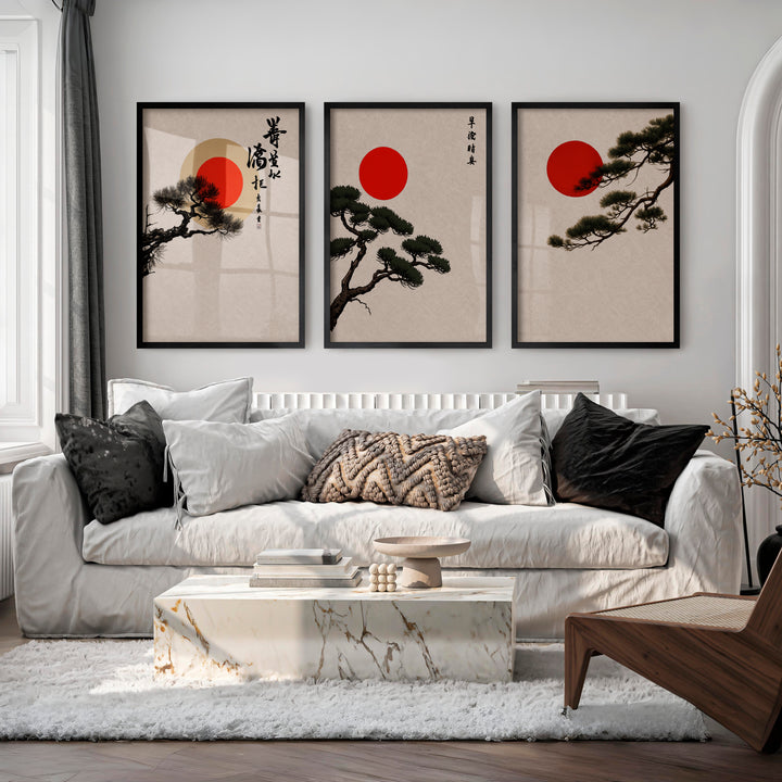 Red Sun Pine Panels for japandi decoration - Black Framed Poster No Border - Artworksets