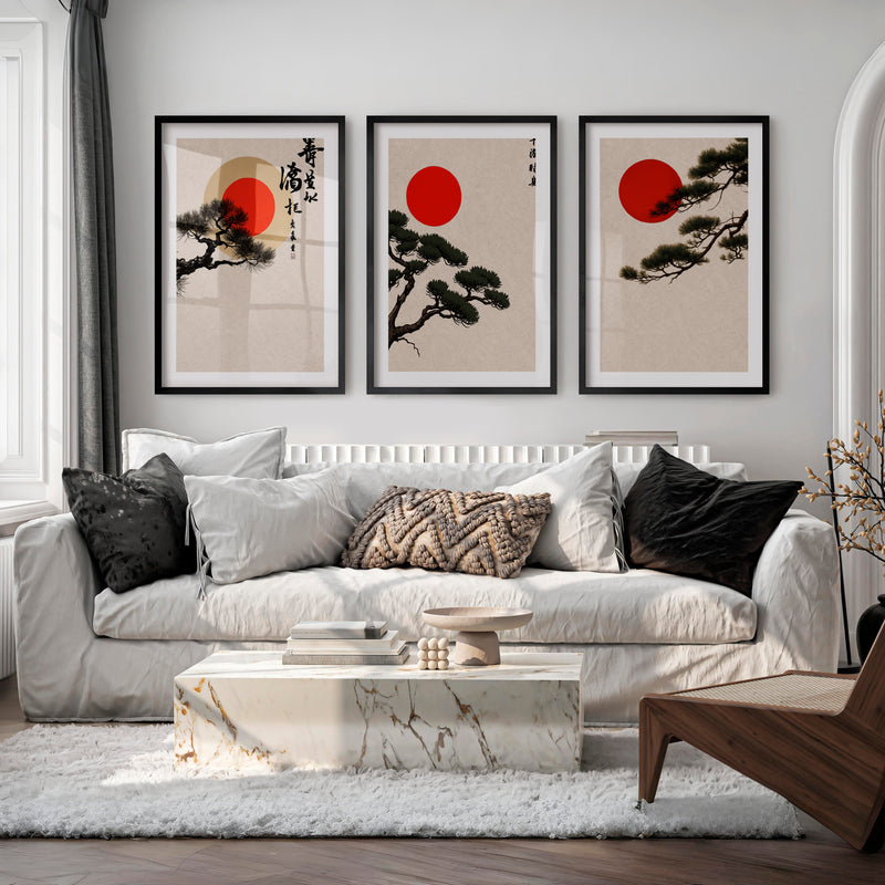 Red Sun Pine Panels for japandi decoration - Black Framed Poster with White Border - Artworksets