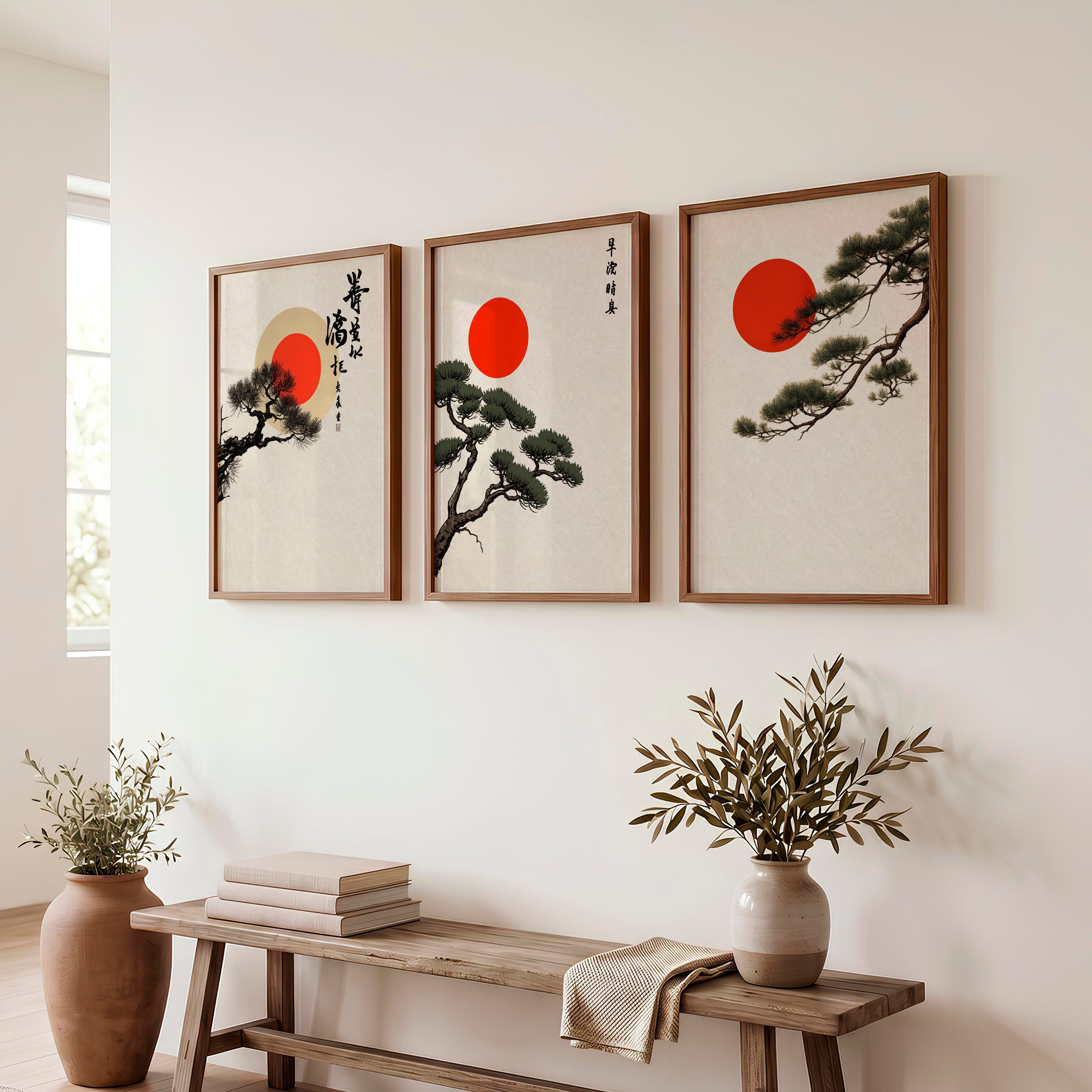 Red Sun Pine Panels for japandi decoration - Dark Brown Framed Poster No Border - Artworksets