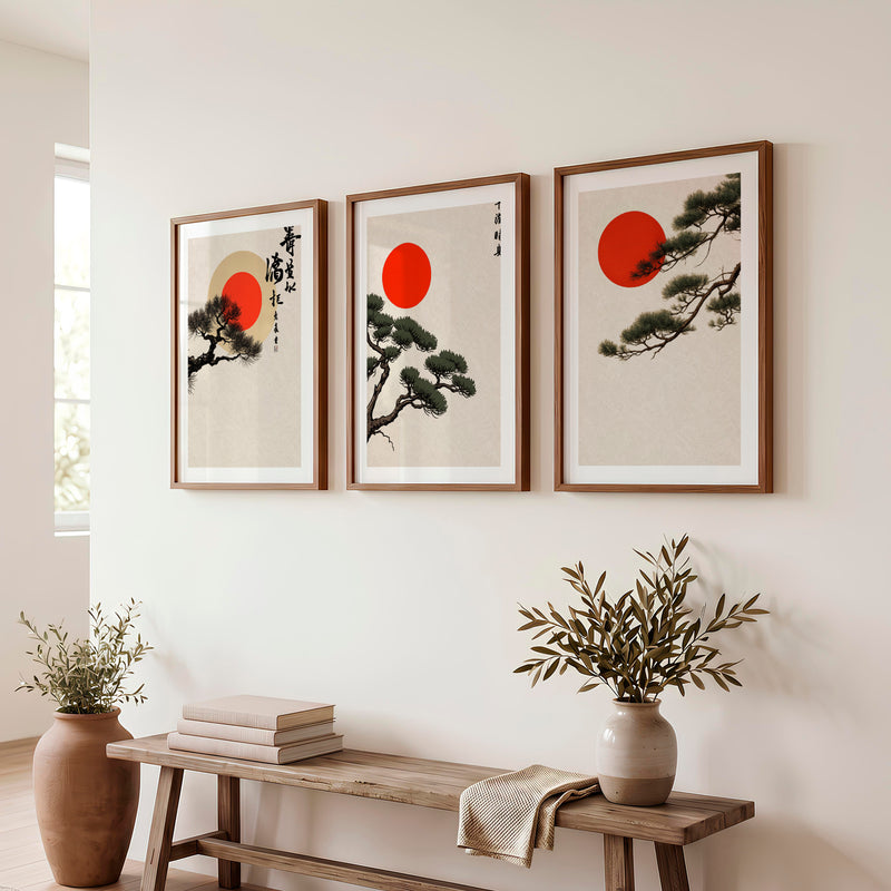Red Sun Pine Panels for japandi decoration - Dark Brown Framed Poster with White Border - Artworksets