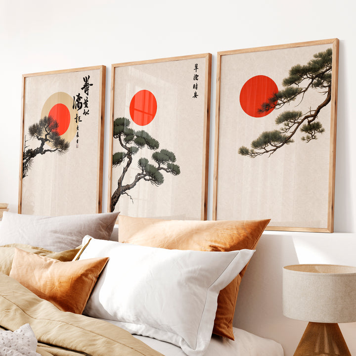Red Sun Pine Panels for japandi decoration - Natural Wood Framed Poster No Border - Artworksets