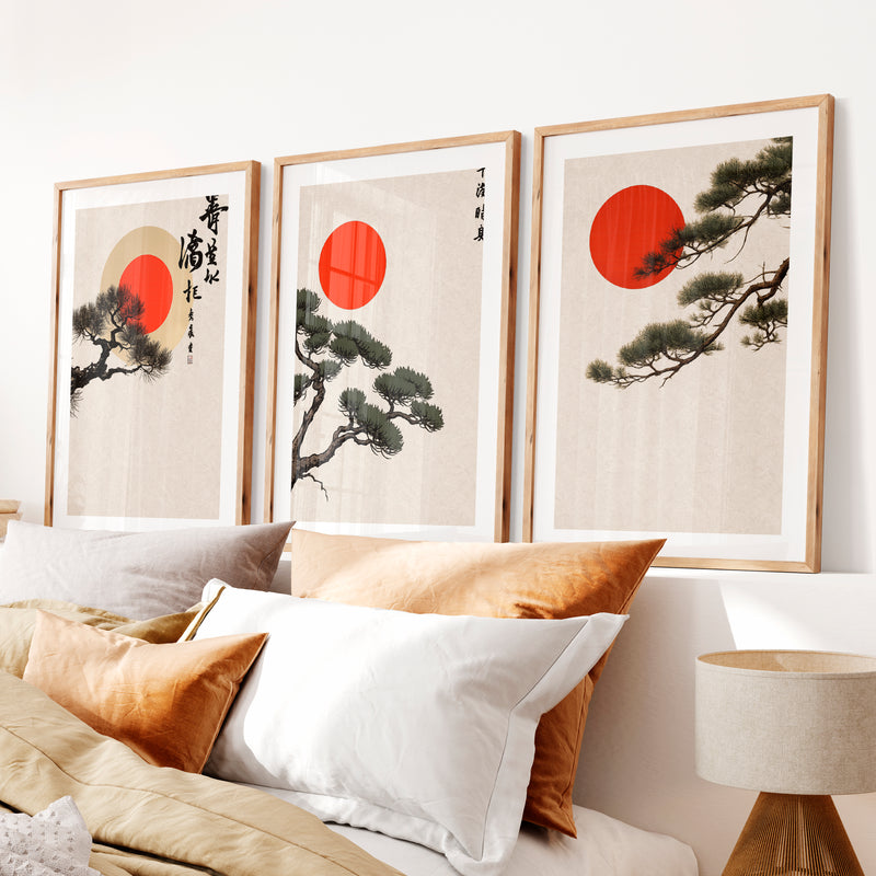 Red Sun Pine Panels for japandi decoration- Natural Wood Framed Poster with White Border - Artworksets