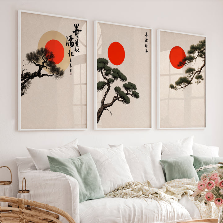 Red Sun Pine Panels for japandi decoration - White Framed Poster No Border - Artworksets