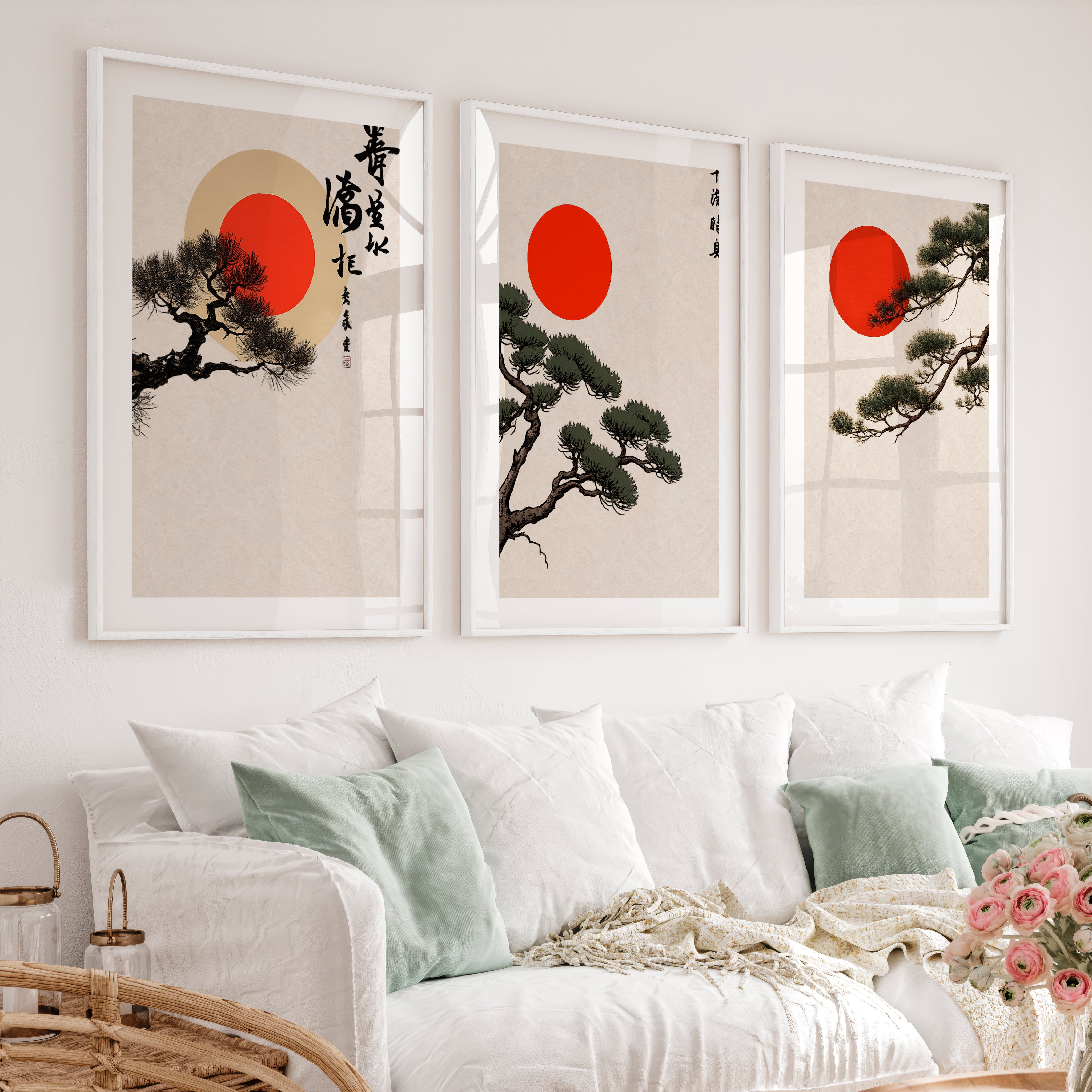 Red Sun Pine Panels for japandi decoration - White Framed Poster with White Border - Artworksets