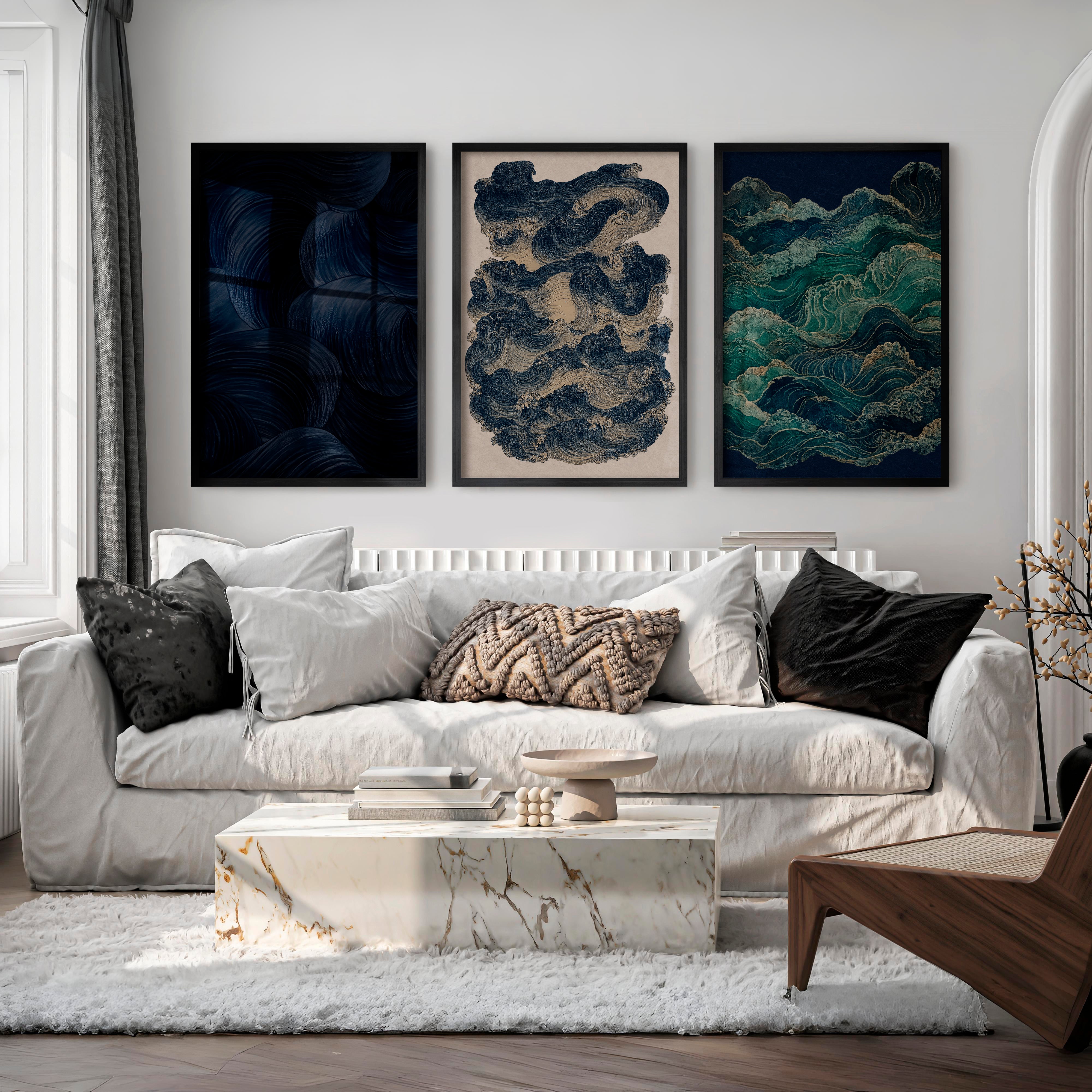 Layered Waves japandi decoration Wall Art - Black Framed Poster No Border - Artworksets