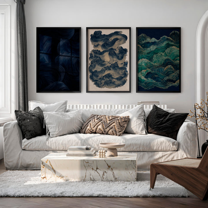 Layered Waves japandi decoration Wall Art - Black Framed Poster No Border - Artworksets