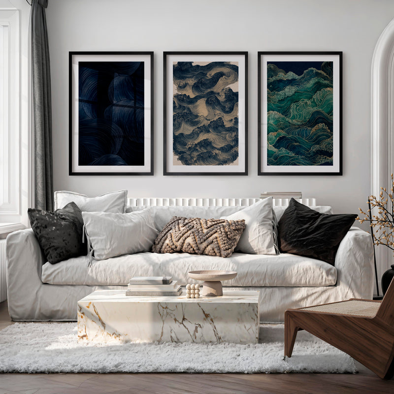 Layered Waves japandi decoration Wall Art - Black Framed Poster with White Border - Artworksets