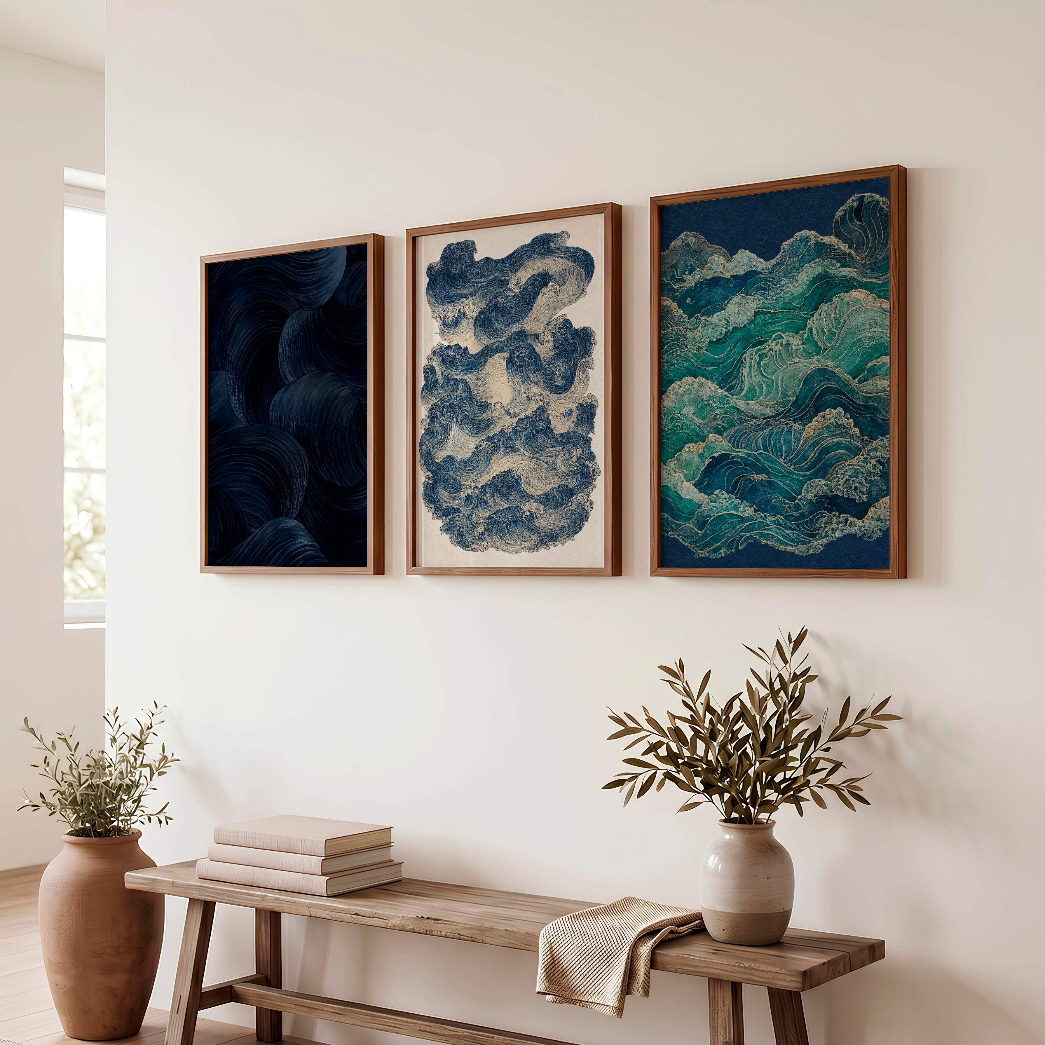 Layered Waves japandi decoration Wall Art - Dark Brown Framed Poster No Border - Artworksets