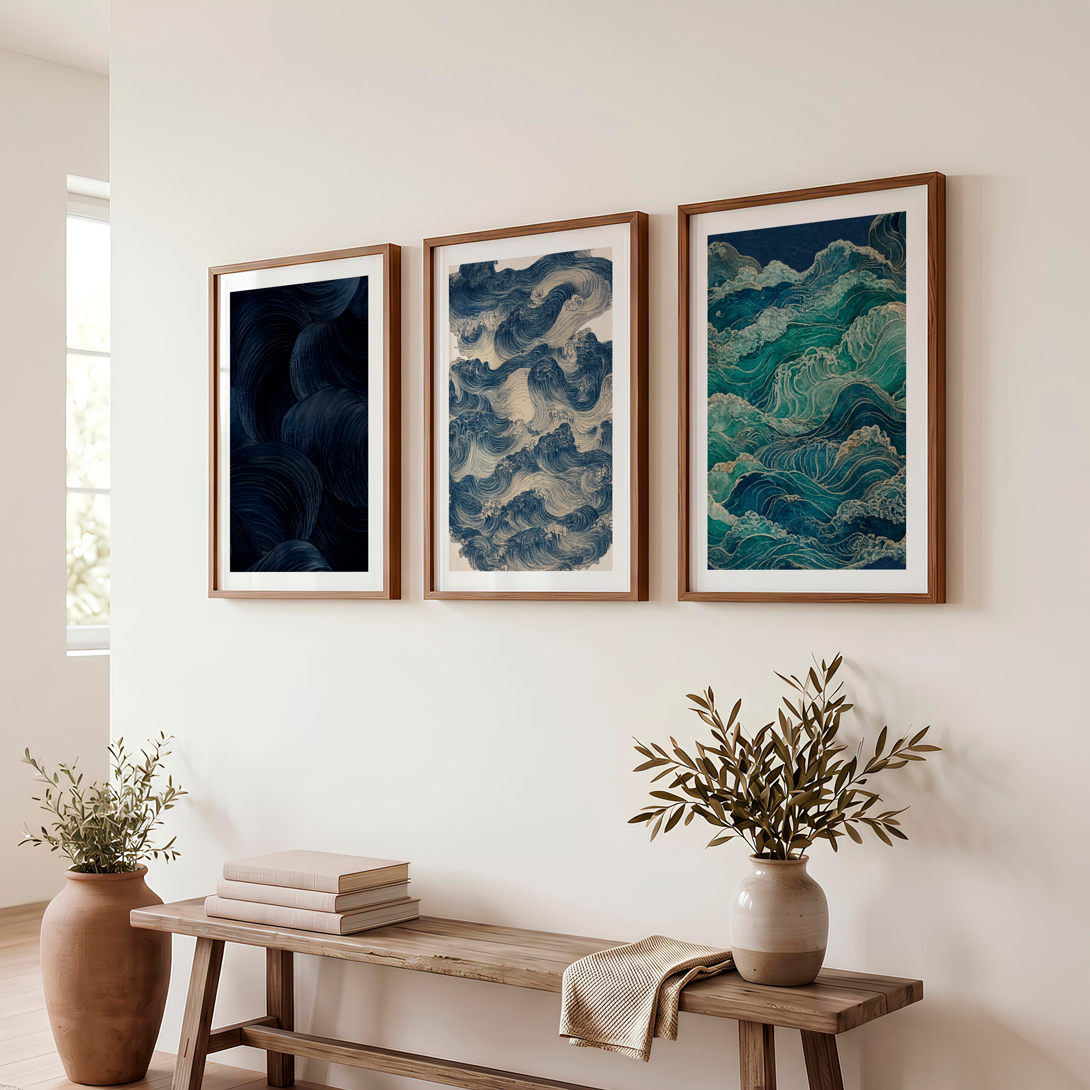 Layered Waves japandi decoration Wall Art - Dark Brown Framed Poster with White Border - Artworksets
