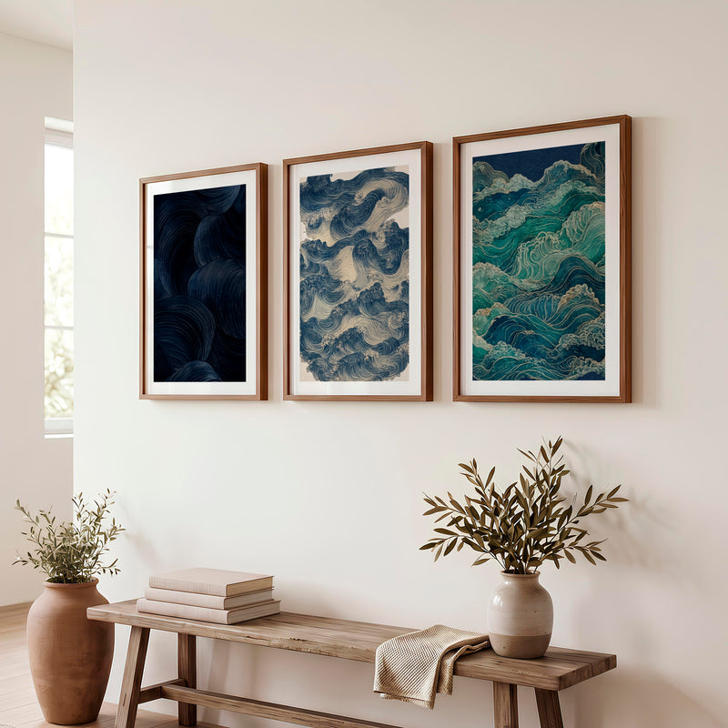 Layered Waves japandi decoration Wall Art - Dark Brown Framed Poster with White Border - Artworksets