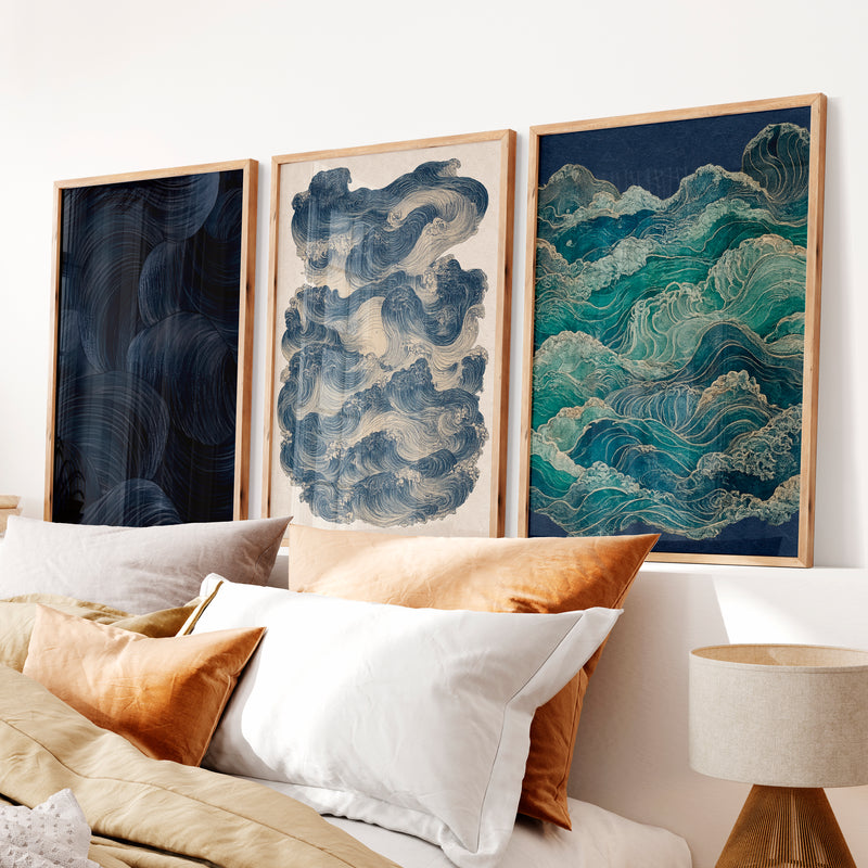 Layered Waves japandi decoration Wall Art - Natural Wood Framed Poster No Border - Artworksets