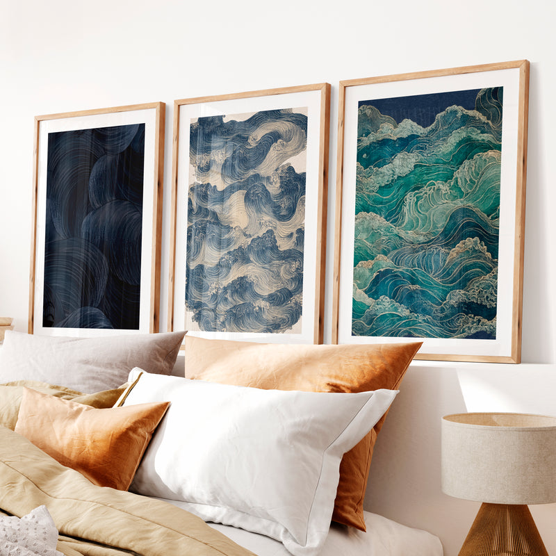 Layered Waves japandi decoration Wall Art- Natural Wood Framed Poster with White Border - Artworksets