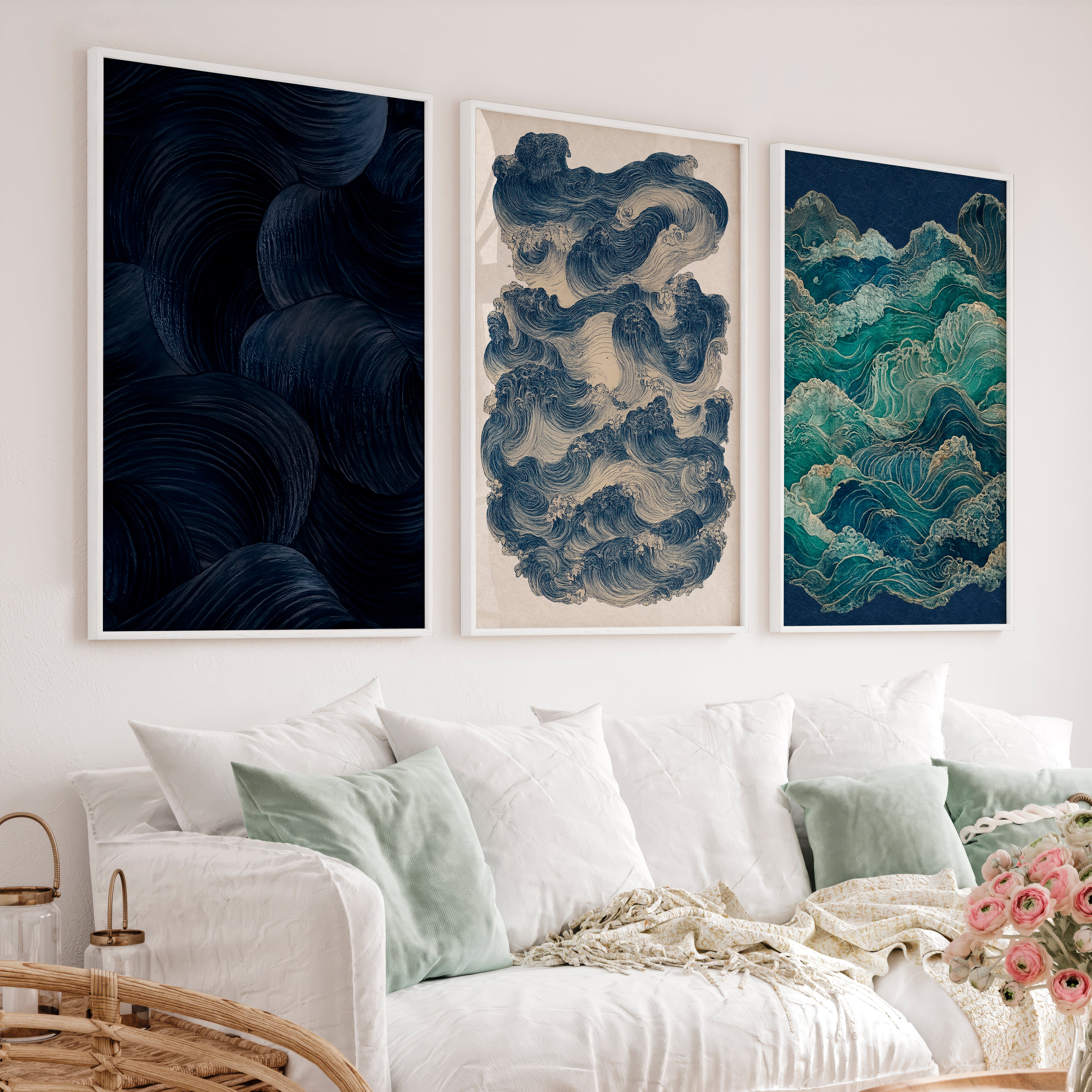 Layered Waves japandi decoration Wall Art - White Framed Poster No Border - Artworksets