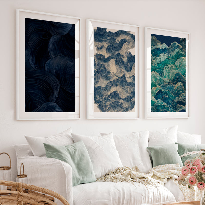 Layered Waves japandi decoration Wall Art - White Framed Poster with White Border - Artworksets