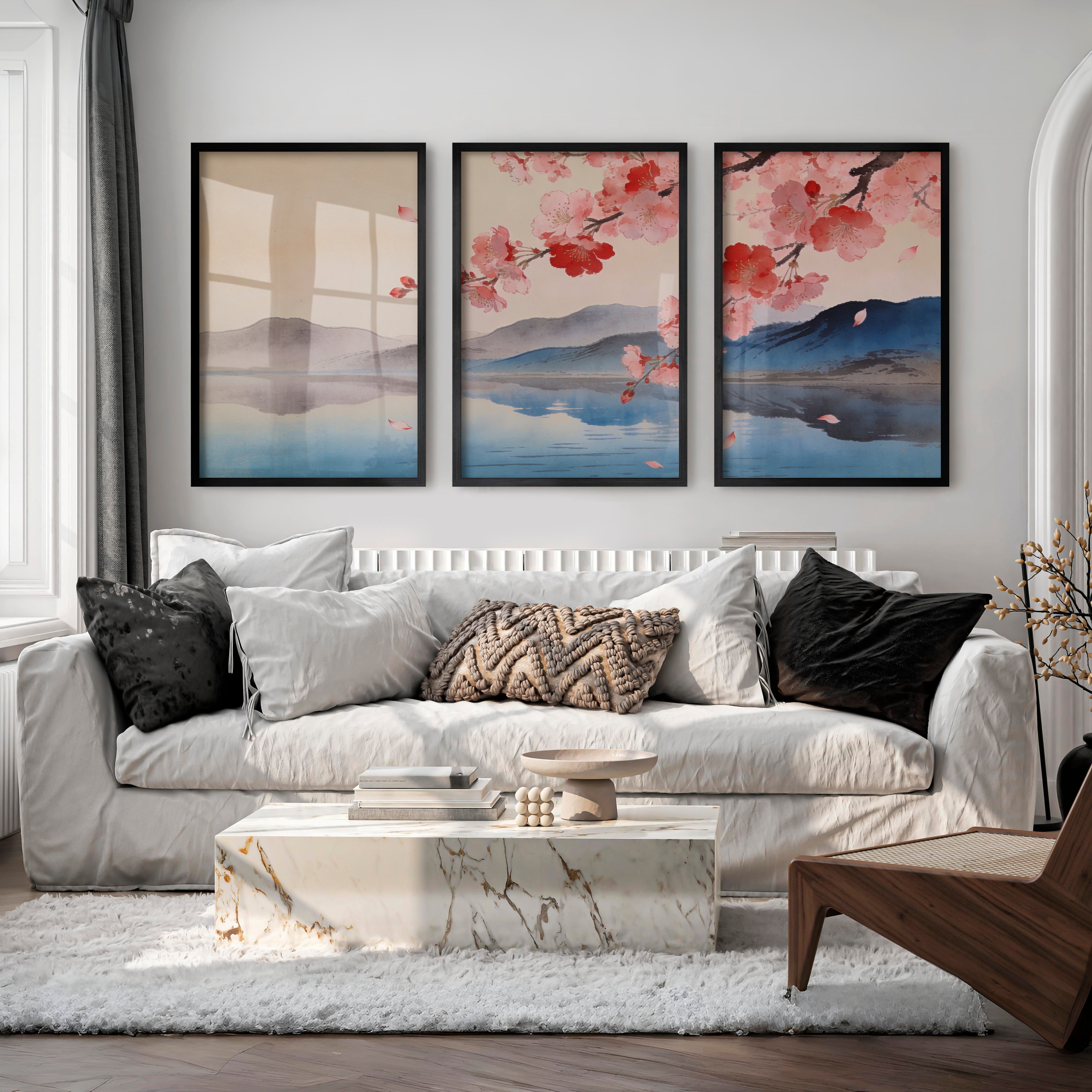 Cherry Blossom Lake in japandi design - Black Framed Poster No Border - Artworksets