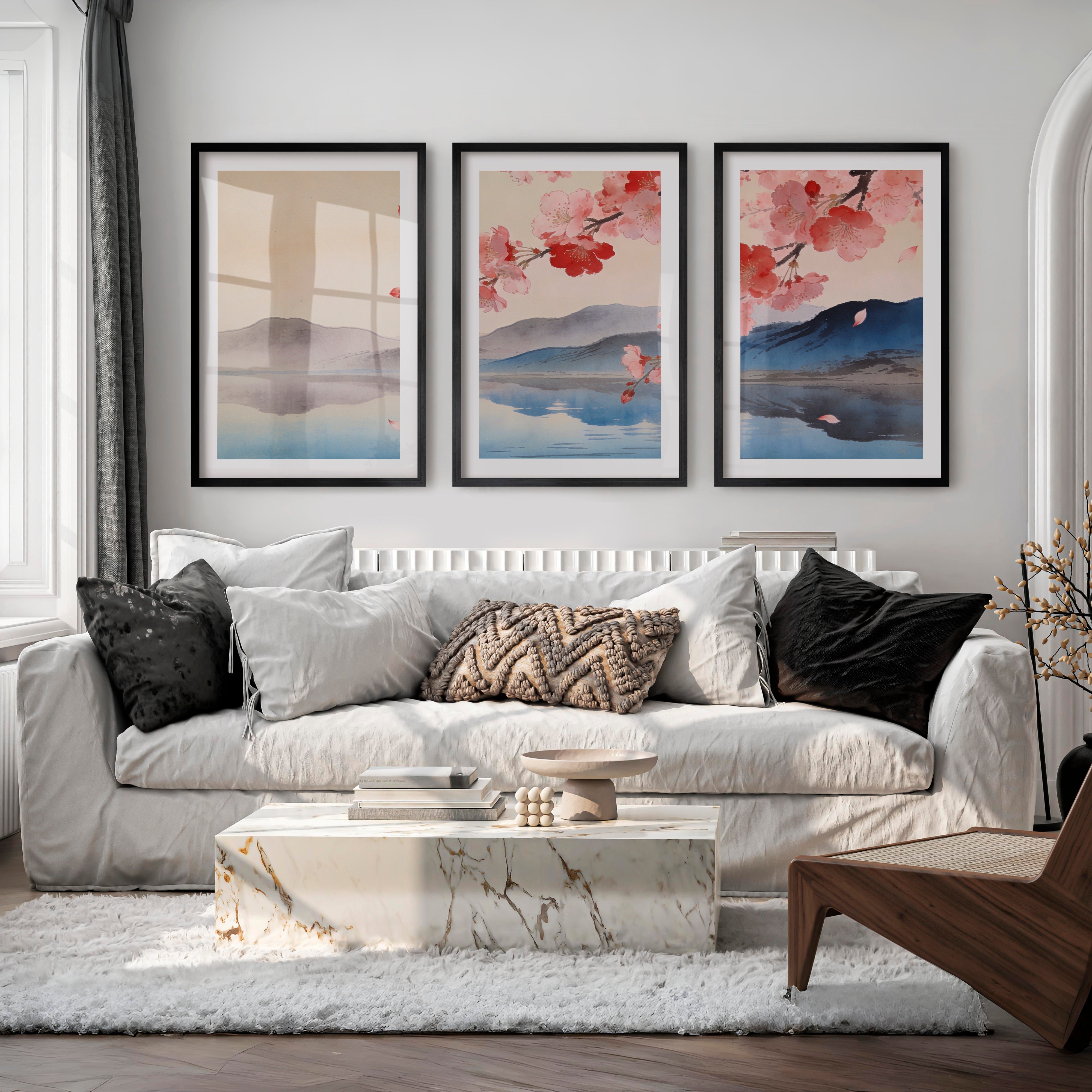 Cherry Blossom Lake in japandi design - Black Framed Poster with White Border - Artworksets