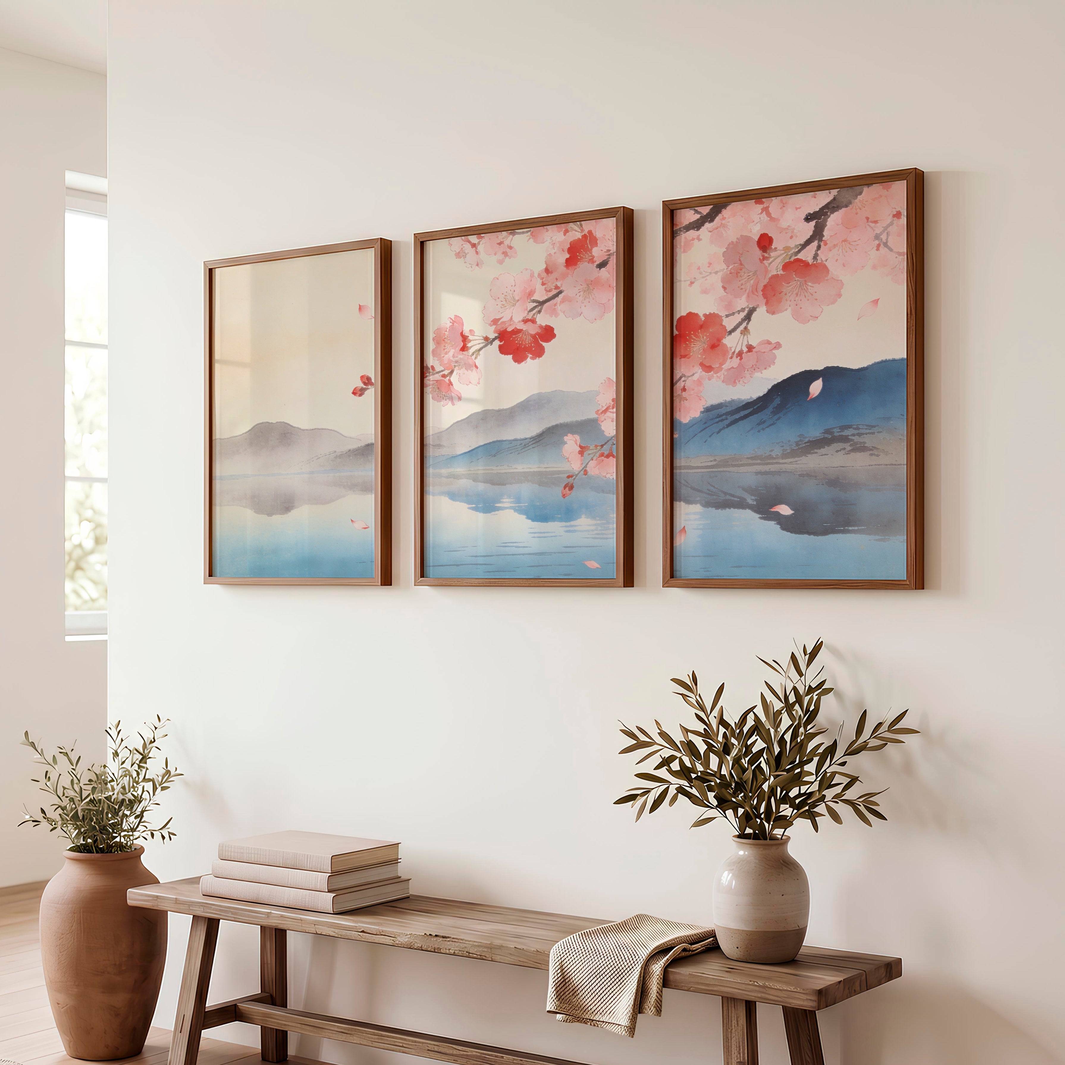 Cherry Blossom Lake in japandi design - Dark Brown Framed Poster No Border - Artworksets