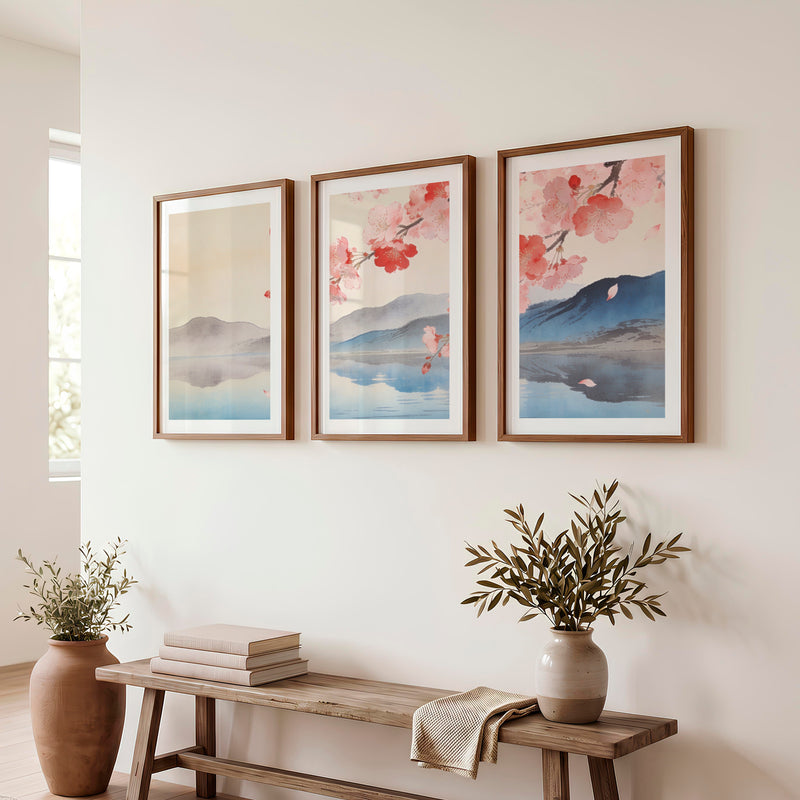 Cherry Blossom Lake in japandi design - Dark Brown Framed Poster with White Border - Artworksets