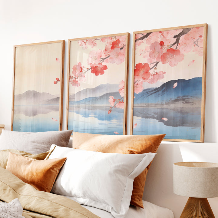 Cherry Blossom Lake in japandi design - Natural Wood Framed Poster No Border - Artworksets
