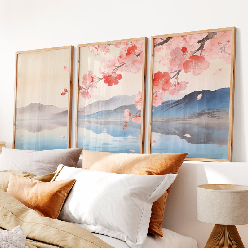 Cherry Blossom Lake in japandi design - Natural Wood Framed Poster No Border - Artworksets