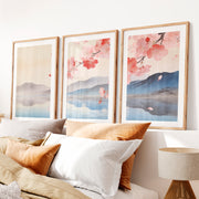 Cherry Blossom Lake in japandi design- Natural Wood Framed Poster with White Border - Artworksets