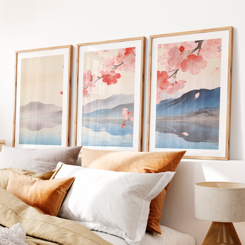 Cherry Blossom Lake in japandi design- Natural Wood Framed Poster with White Border - Artworksets