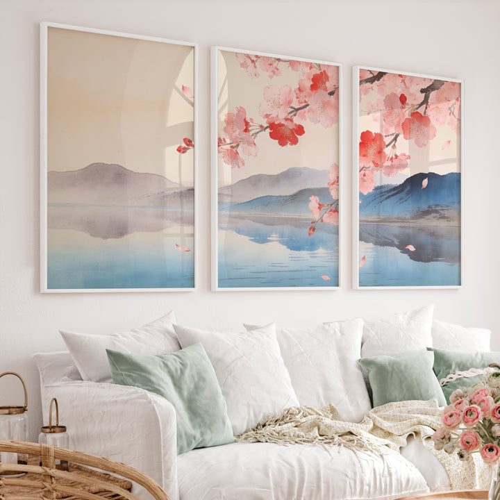 Cherry Blossom Lake in japandi design - White Framed Poster No Border - Artworksets