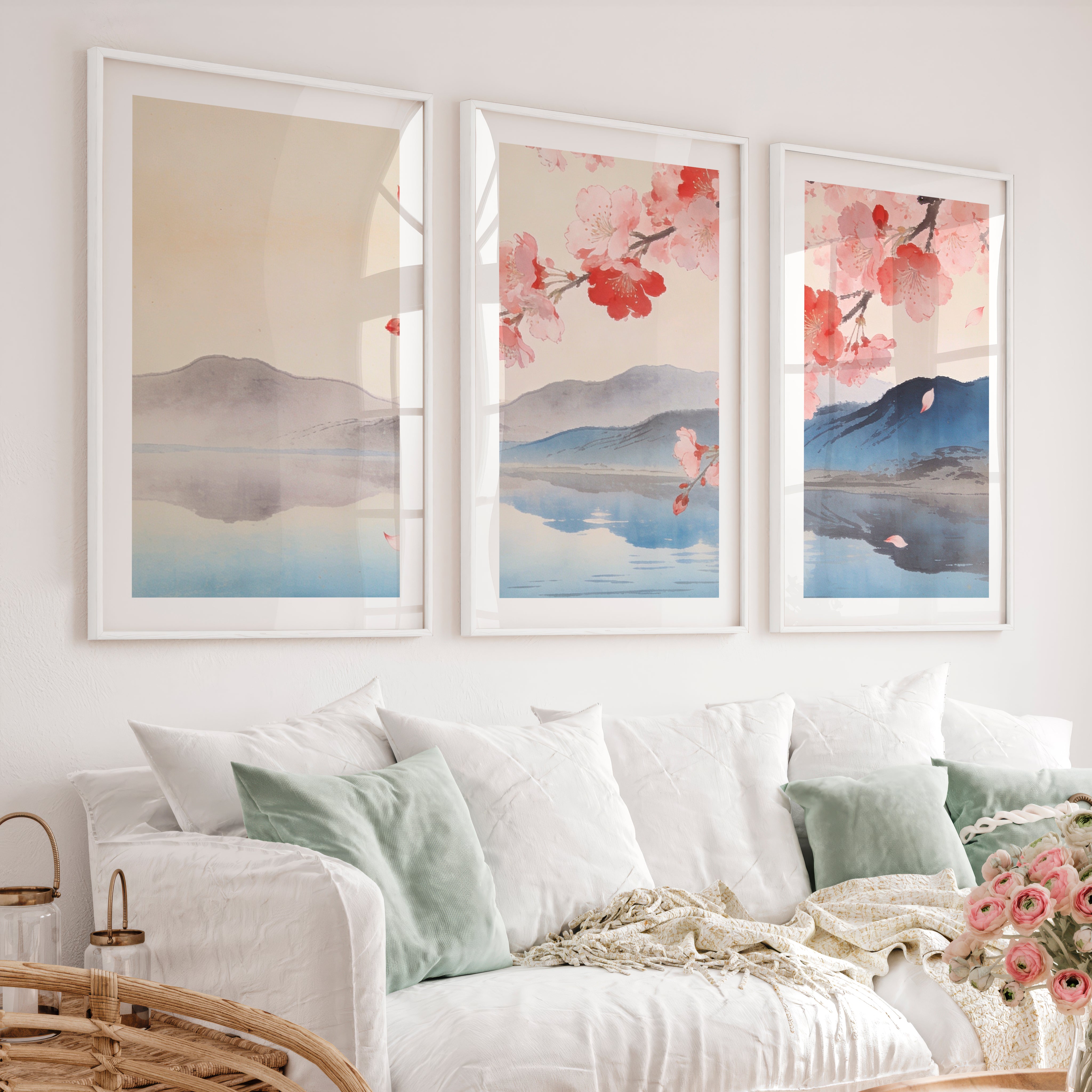 Cherry Blossom Lake in japandi design - White Framed Poster with White Border - Artworksets