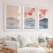 Cherry Blossom Lake in japandi design - White Framed Poster with White Border - Artworksets