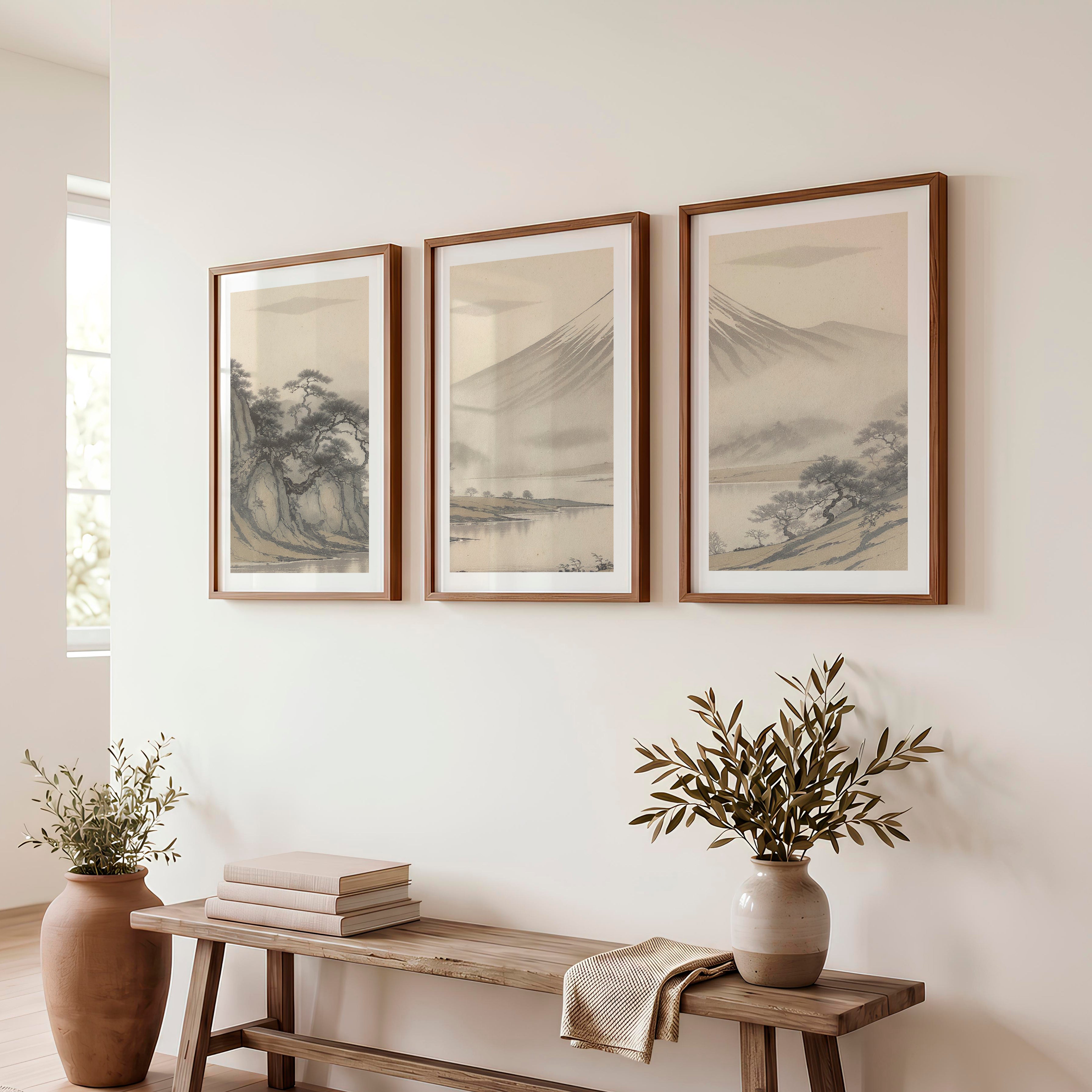 Twisted Pine Mountain Wall Art for japandi design - Dark Brown Framed Poster with White Border - Artworksets