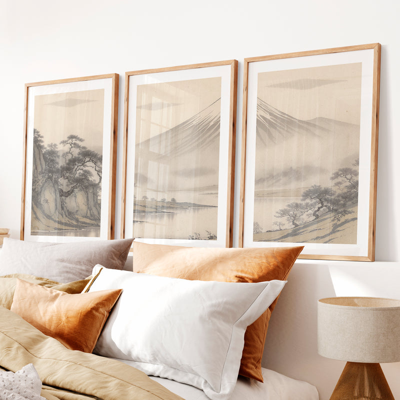 Twisted Pine Mountain Wall Art for japandi design- Natural Wood Framed Poster with White Border - Artworksets