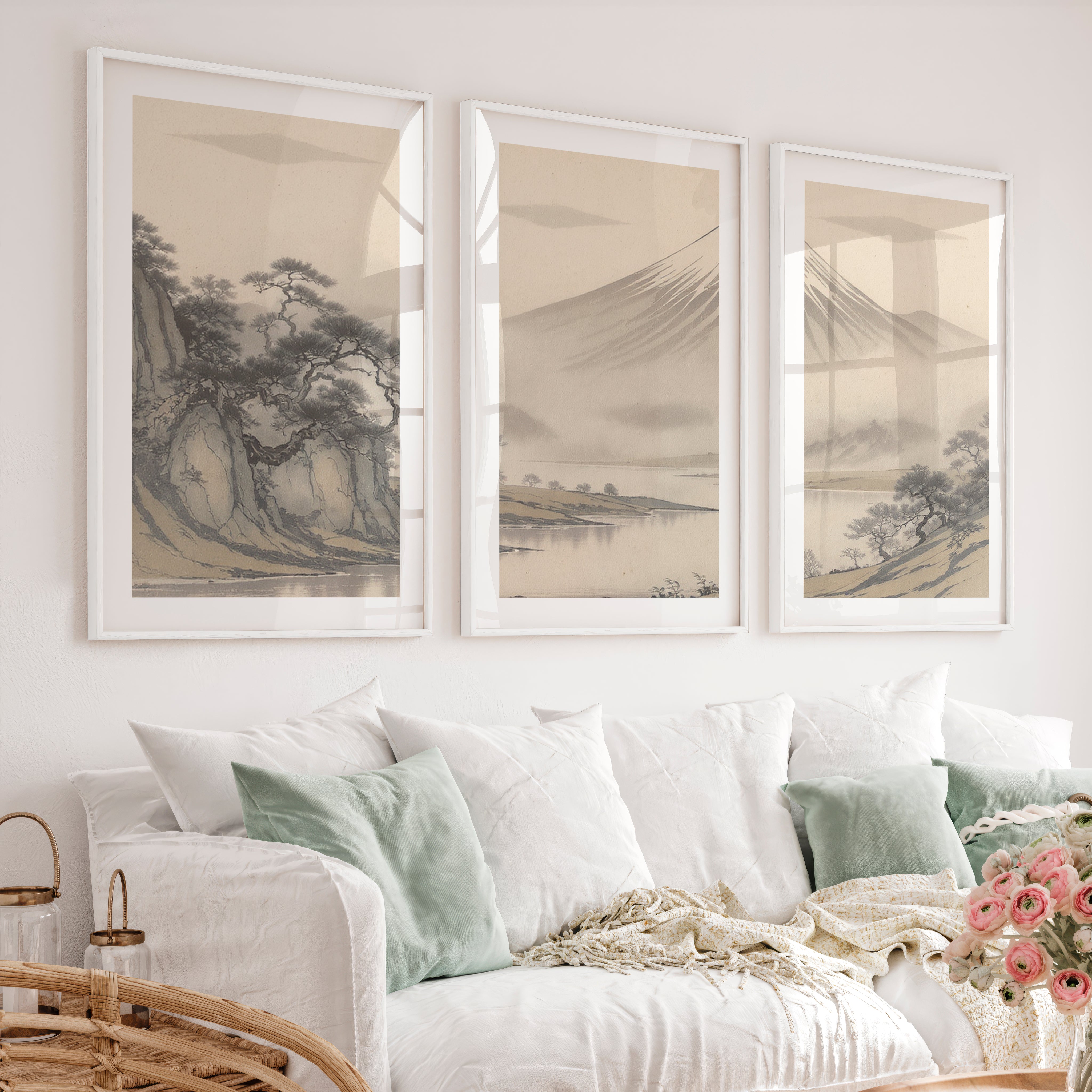 Twisted Pine Mountain Wall Art for japandi design - White Framed Poster with White Border - Artworksets