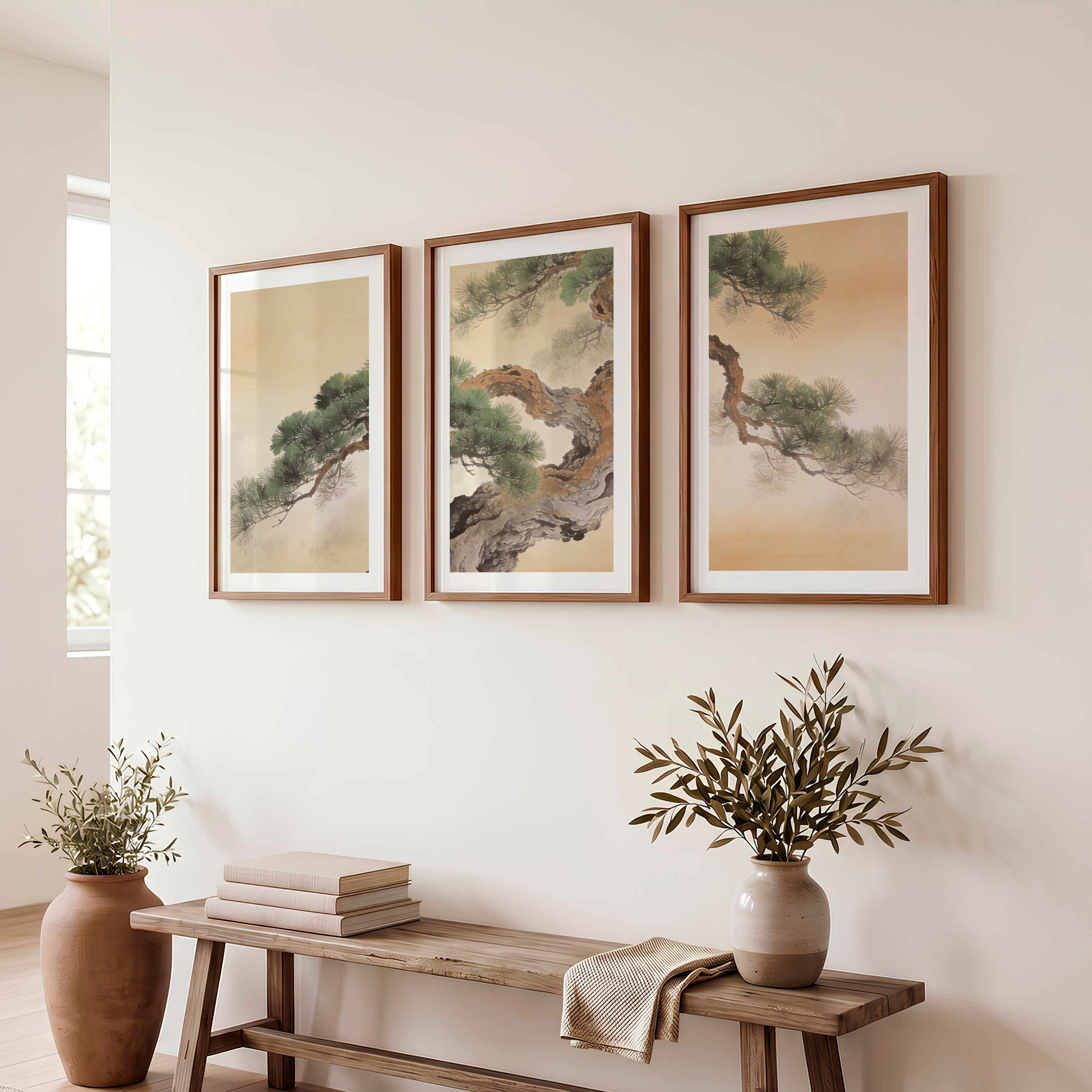 Twisted Pine japandi design Wall Art - Dark Brown Framed Poster with White Border - Artworksets