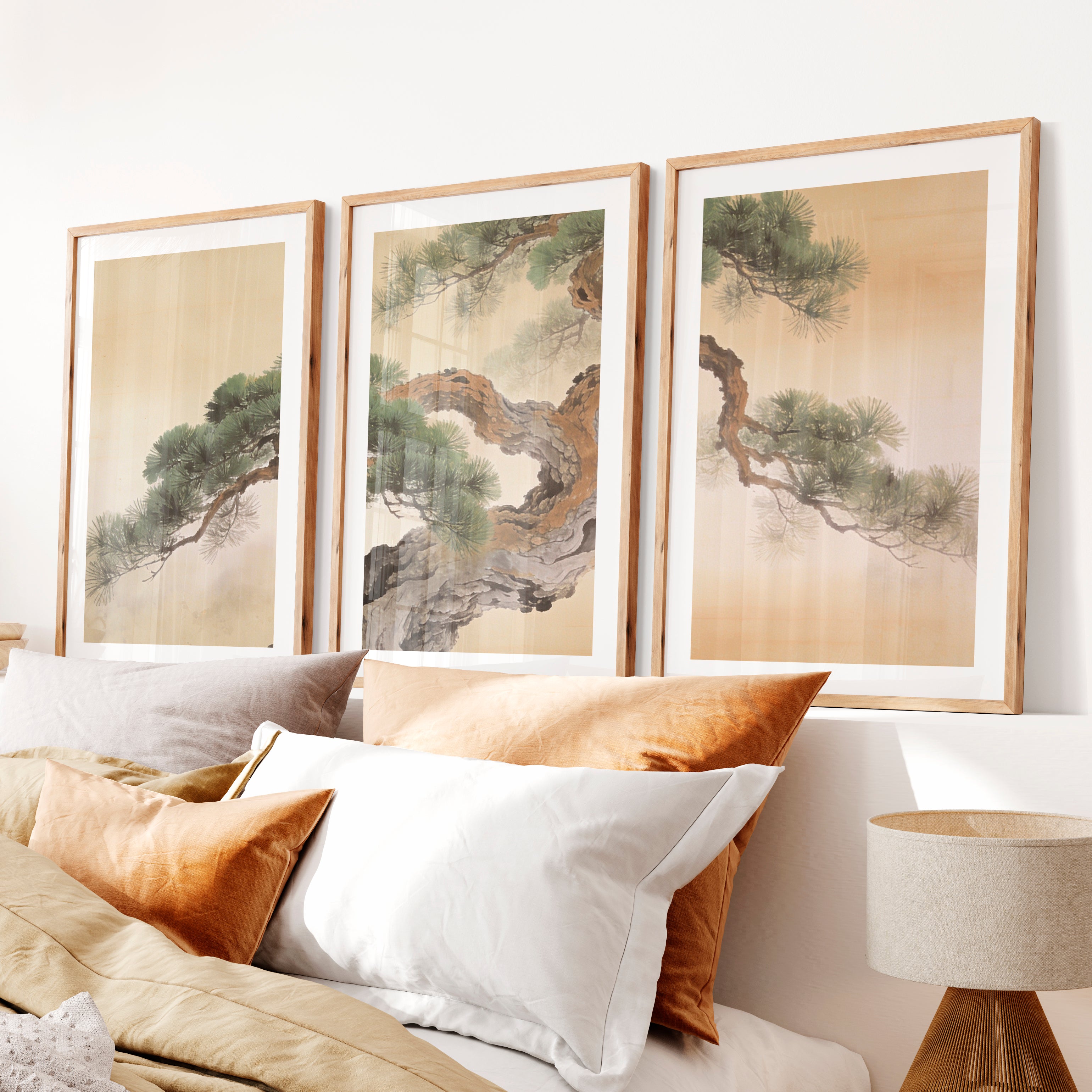 Twisted Pine japandi design Wall Art- Natural Wood Framed Poster with White Border - Artworksets