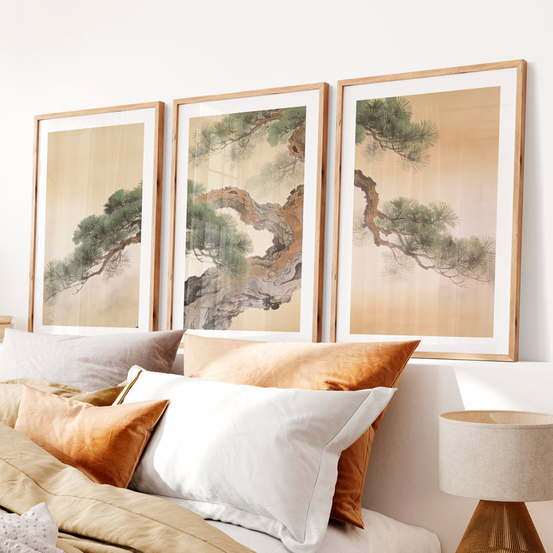 Twisted Pine japandi design Wall Art- Natural Wood Framed Poster with White Border - Artworksets