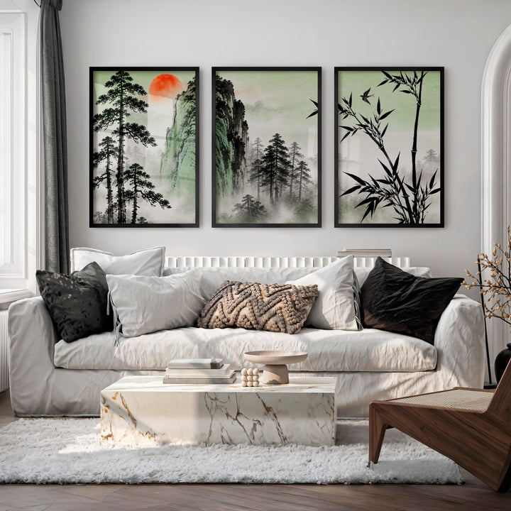 Bamboo Mountain Vista in japandi design style - Black Framed Poster No Border - Artworksets