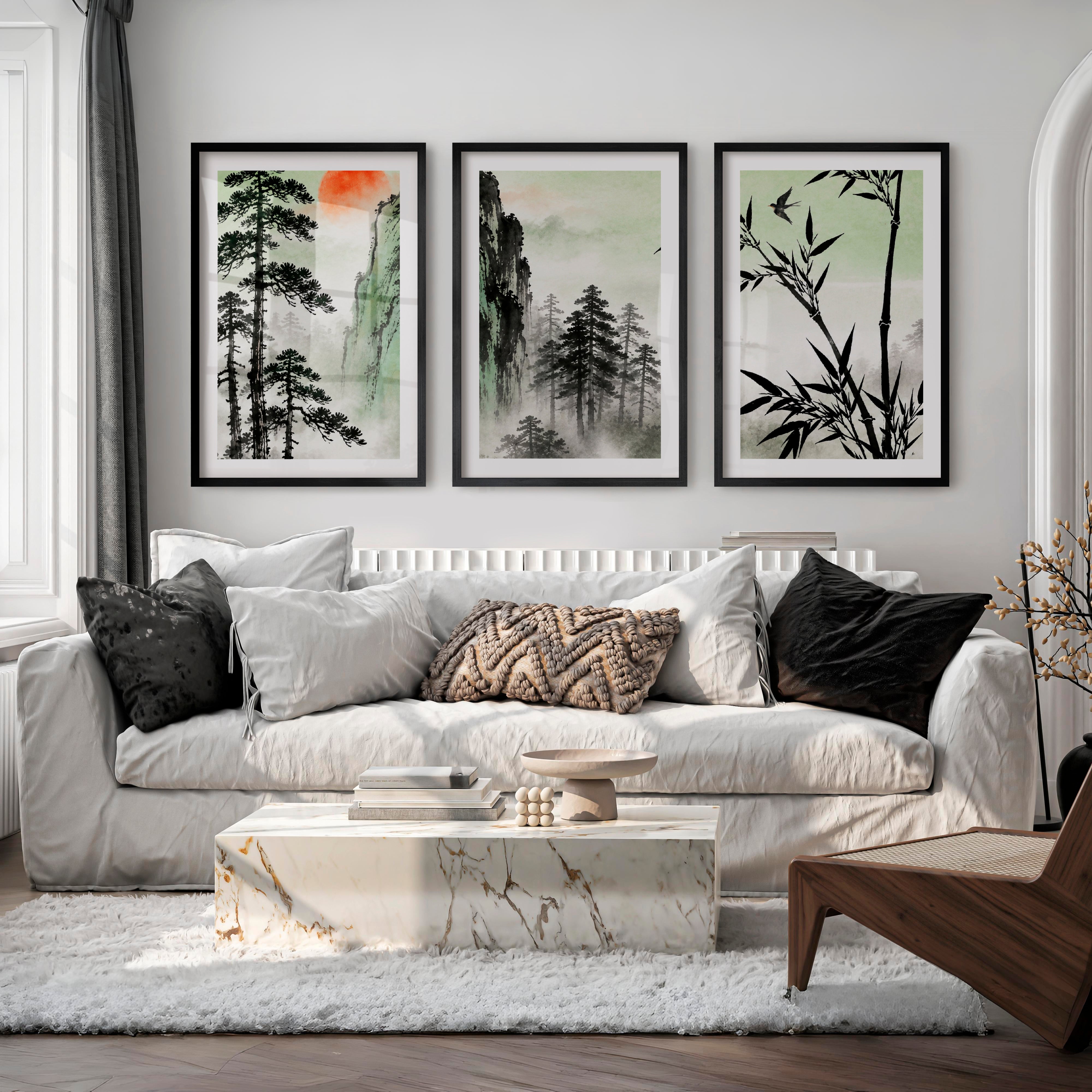 Bamboo Mountain Vista in japandi design style - Black Framed Poster with White Border - Artworksets