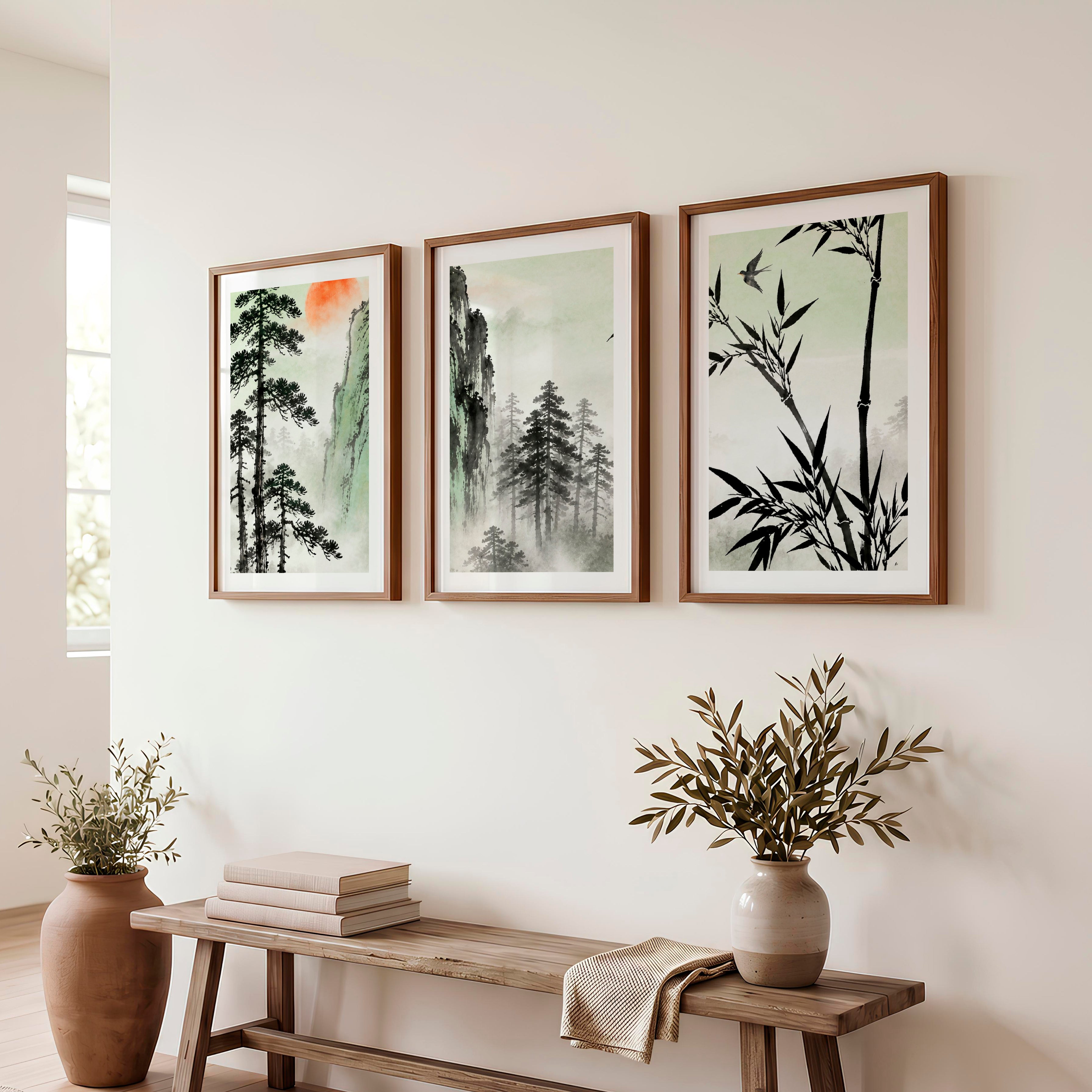 Bamboo Mountain Vista in japandi design style - Dark Brown Framed Poster with White Border - Artworksets