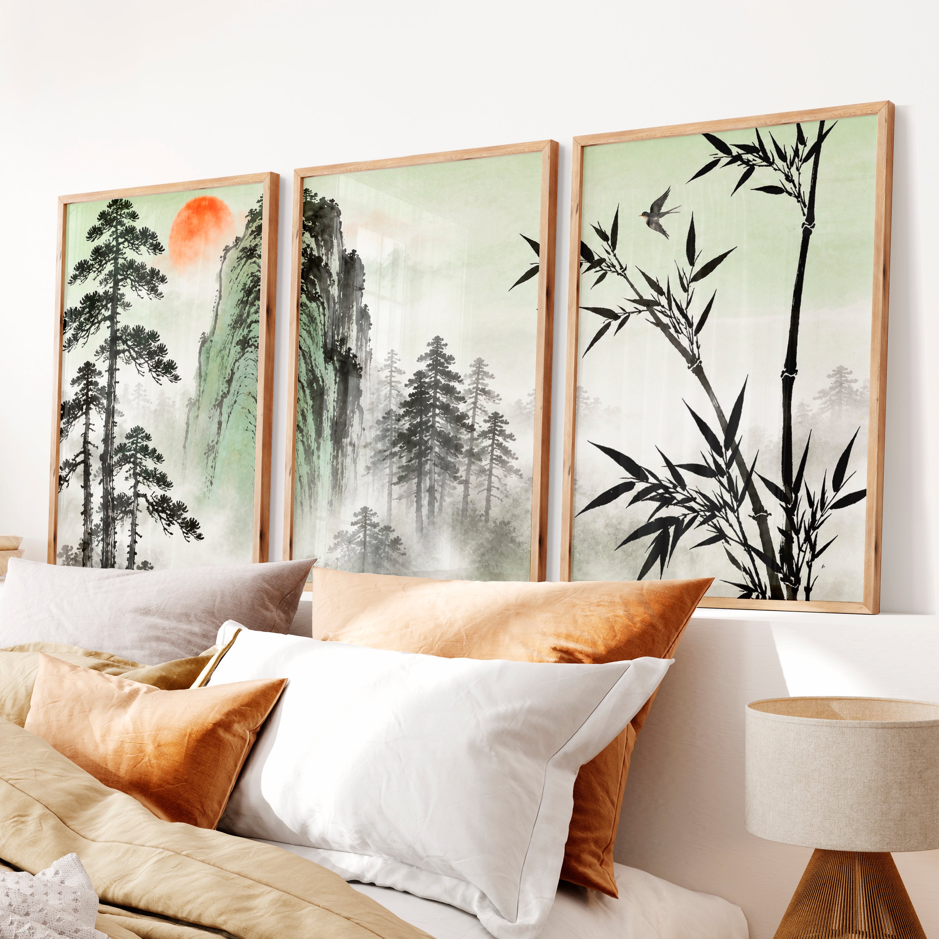 Bamboo Mountain Vista in japandi design style - Natural Wood Framed Poster No Border - Artworksets