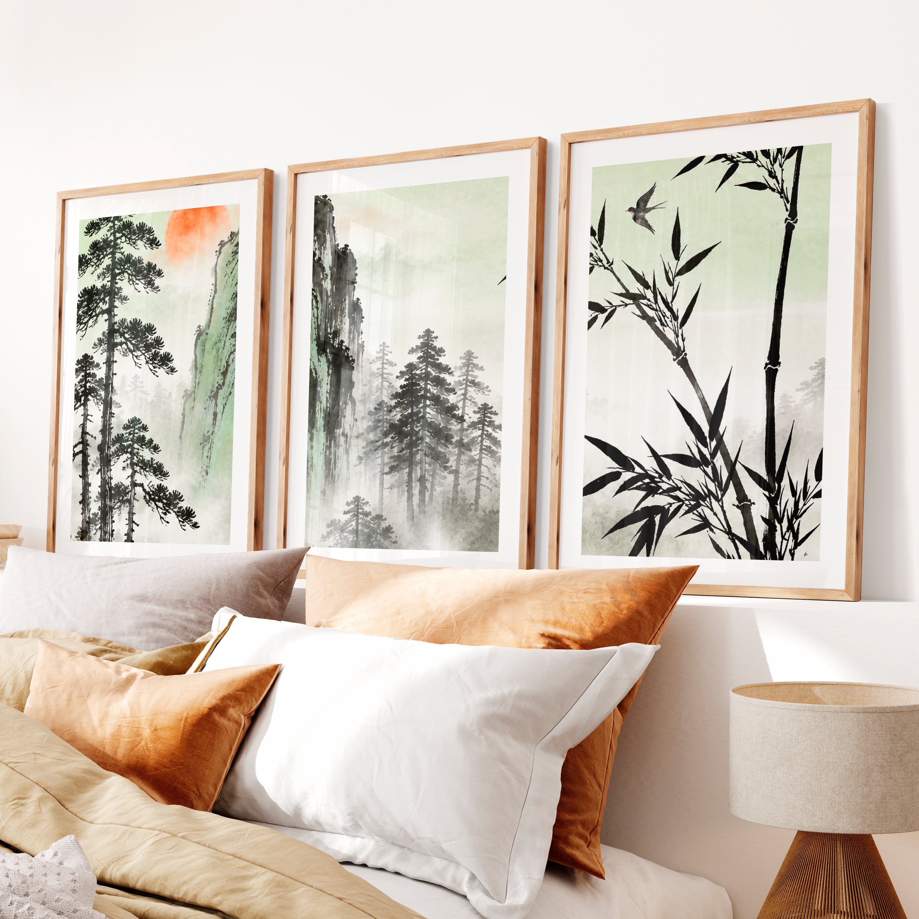 Bamboo Mountain Vista in japandi design style- Natural Wood Framed Poster with White Border - Artworksets