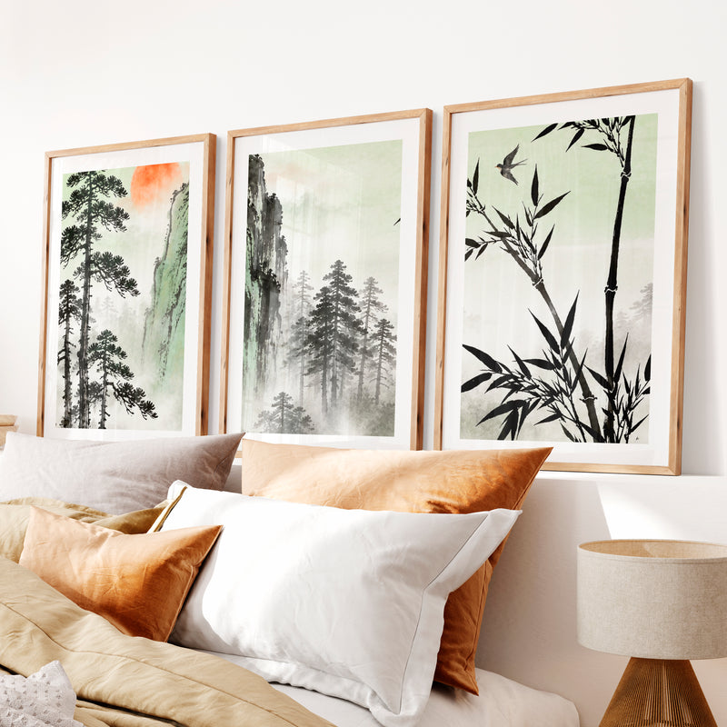 Bamboo Mountain Vista in japandi design style- Natural Wood Framed Poster with White Border - Artworksets