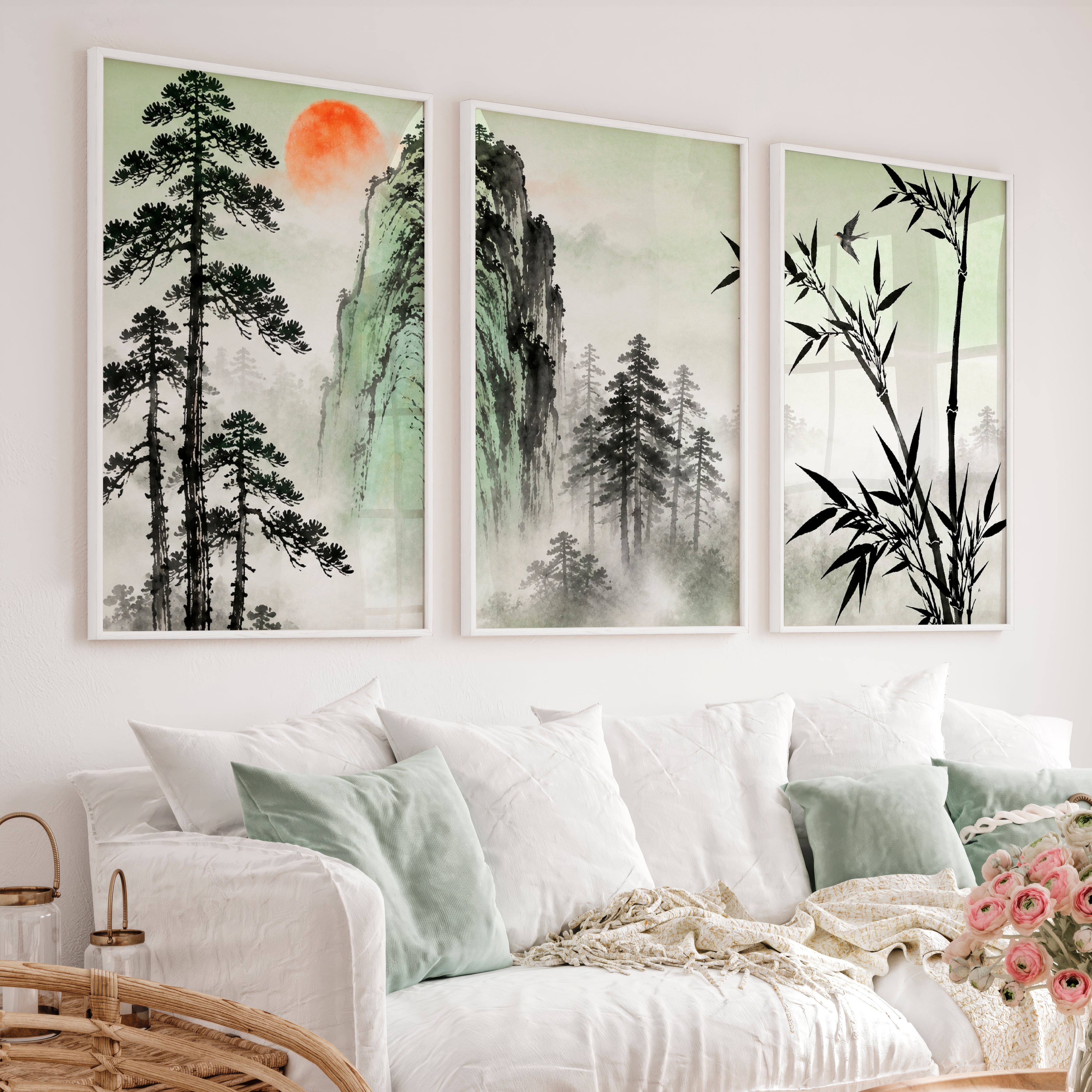 Bamboo Mountain Vista in japandi design style - White Framed Poster No Border - Artworksets
