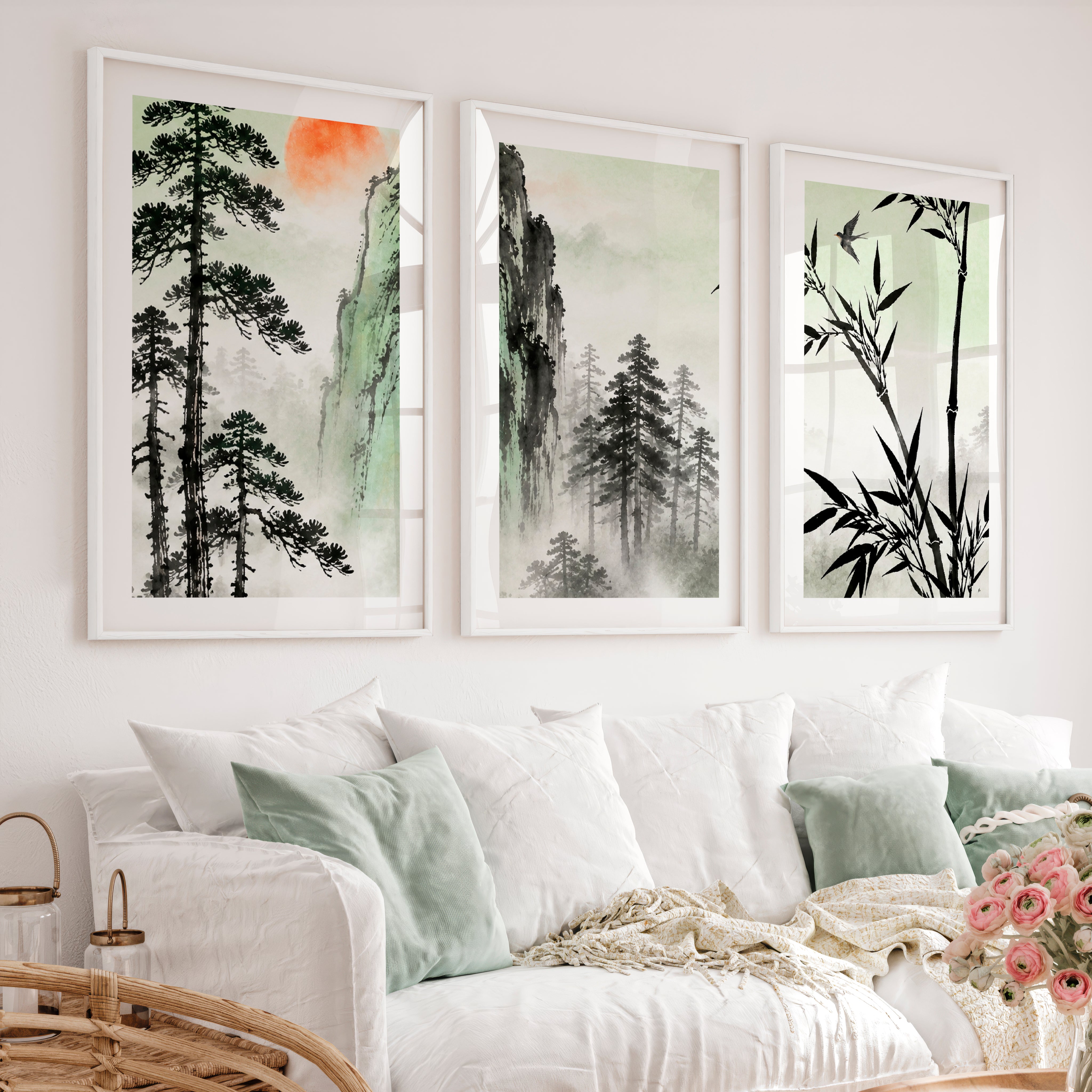 Bamboo Mountain Vista in japandi design style - White Framed Poster with White Border - Artworksets